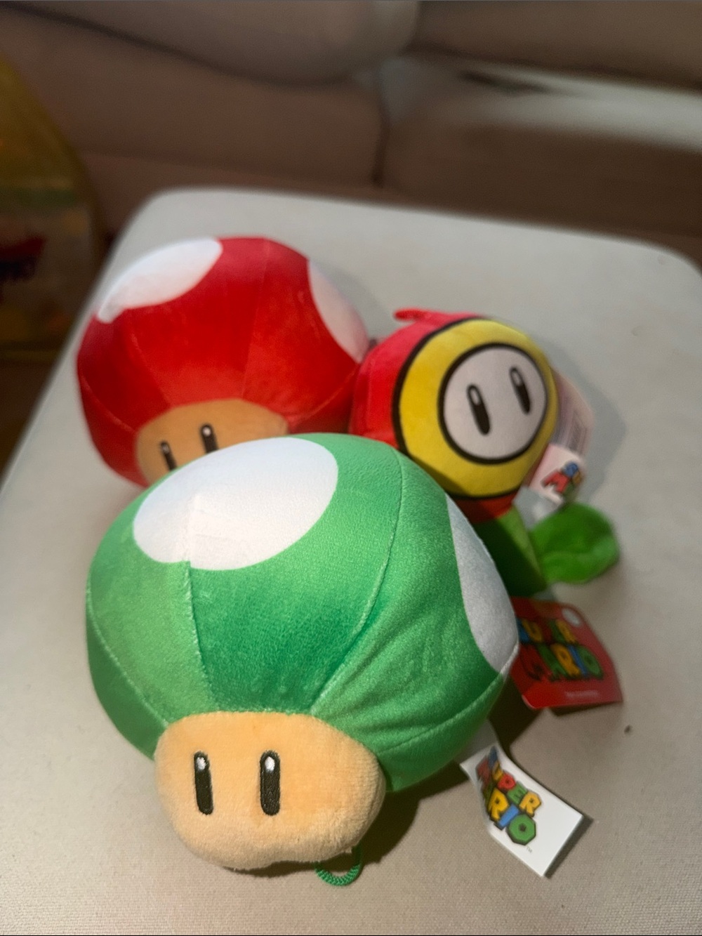 Nintendo Super Mario Green 1-Up Mushroom Plush with Red & Yellow Companions